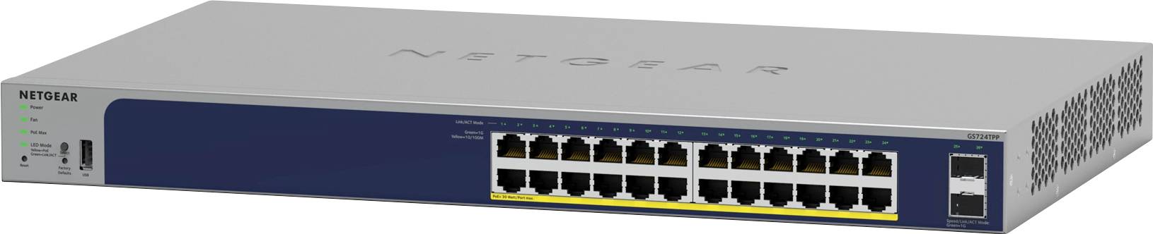 Netzwerk-Switch mit 24 Ethernet-Ports, zwei größeren Anschlüssen rechts und leuchtenden Statusanzeigen links. Marke 'Netgear'.