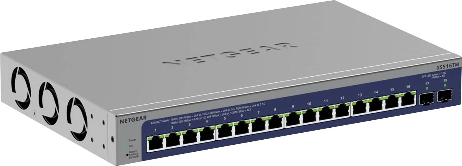 Ein silberner Netzwerk-Switch von NETGEAR mit 16 Ethernet-Ports und zwei Lüftern am Rand.