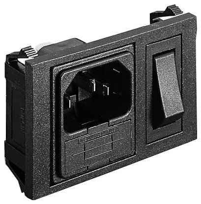 Schwarzer Gerätestecker mit integriertem Netzschalter, geeignet für die Stromversorgung von Elektrogeräten in industrieller Umgebung.