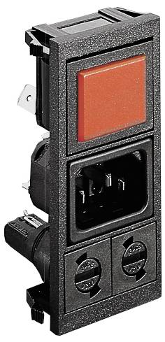 Elektrischer Geräteschalter mit roter Taste und zwei Sicherungshaltern in einem schwarzen Gehäuse, geeignet für Energieversorgungskontrolle.