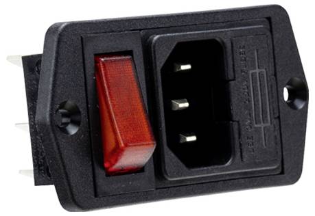 Schwarzer Geräteeinbaustecker mit rotem Wippschalter, geeignet für die Stromversorgung elektronischer Geräte.