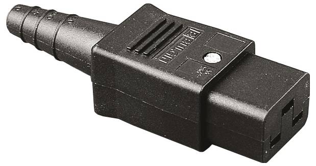 Ein schwarzer Steckverbinder mit geriffeltem Griff und rechteckigem Anschluss, oft für elektrische Geräte genutzt.