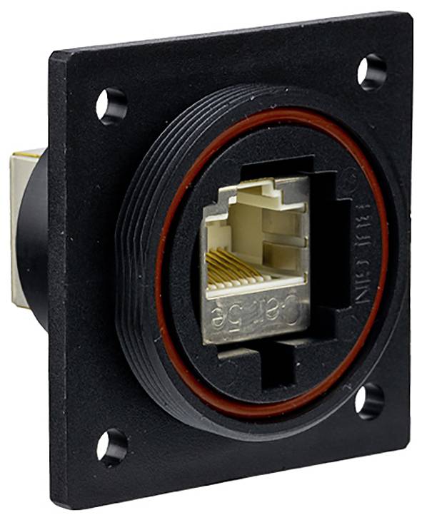 Ein Ethernet-Netzwerkstecker in einem schwarzen rechteckigen Gehäuse, mit orangefarbener Dichtung sichtbar um die Buchse.