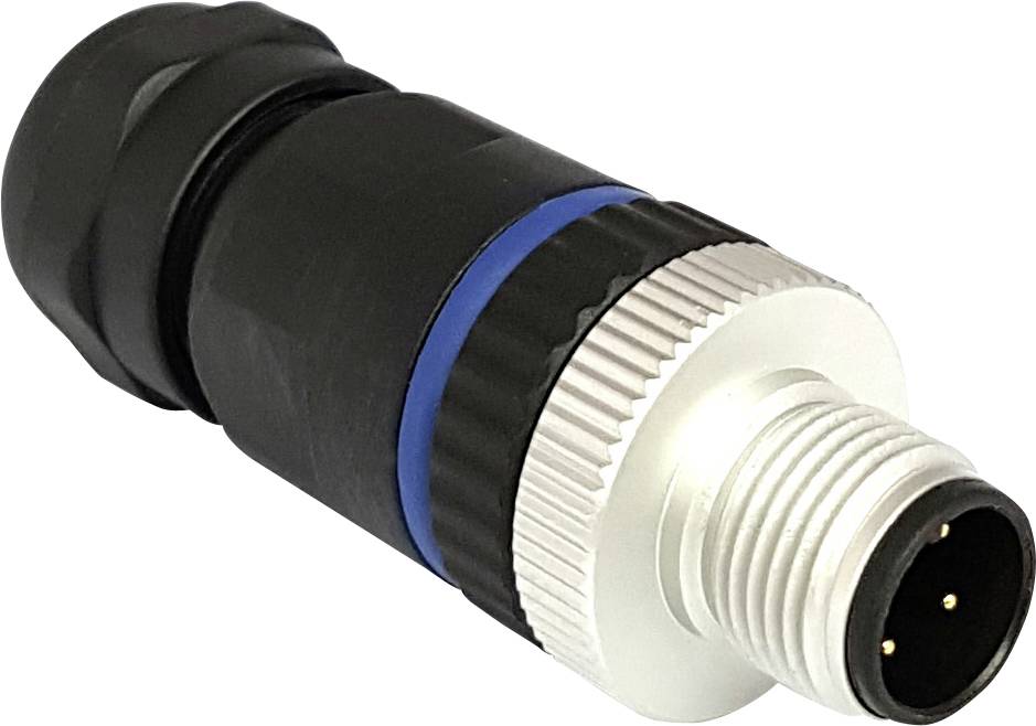 Ein M12-Steckverbinder mit vier Pins, schwarz und silbern, wird zur zuverlässigen elektrischen Verbindung in industriellen Anwendungen verwendet.