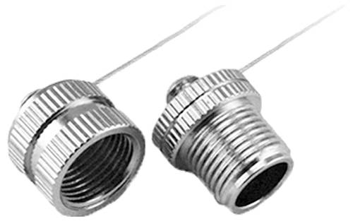 Zwei silberne Metalladapter, die F-Stecker für Koaxialkabel darstellen. Einer zeigt die Gewindeseite, der andere die Anschlussseite.