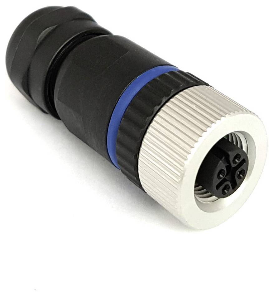 Ein schwarzer, zylindrischer Steckverbinder mit blauem Akzent und geriffeltem Metallring in einem weißen Hintergrund.