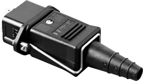 Industrieller Stecker mit rechteckigem Gehäuse und geripptem Kabelschutz, geeignet für robuste Anwendungen und sichere Verbindungen.