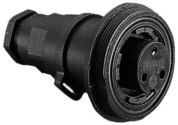 Industrie-Steckverbinder mit rundem Design, schwarzer Kunststoff, robuste Bauweise für den Einsatz in anspruchsvollen Umgebungen.