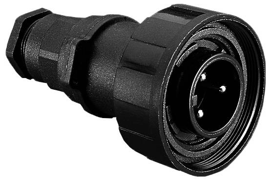 Schwarzer, zylindrischer Steckeradapter aus Kunststoff mit geripptem Griff und zwei sichtbaren Anschlusspins.