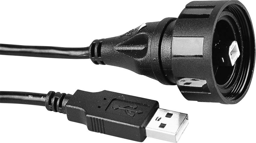 'USB-Kabel': Ein USB-Kabel mit einem Typ-B- und einem Typ-A-Stecker. Der Typ-B-Stecker ist in eine runde Kunststofffassung eingebaut.