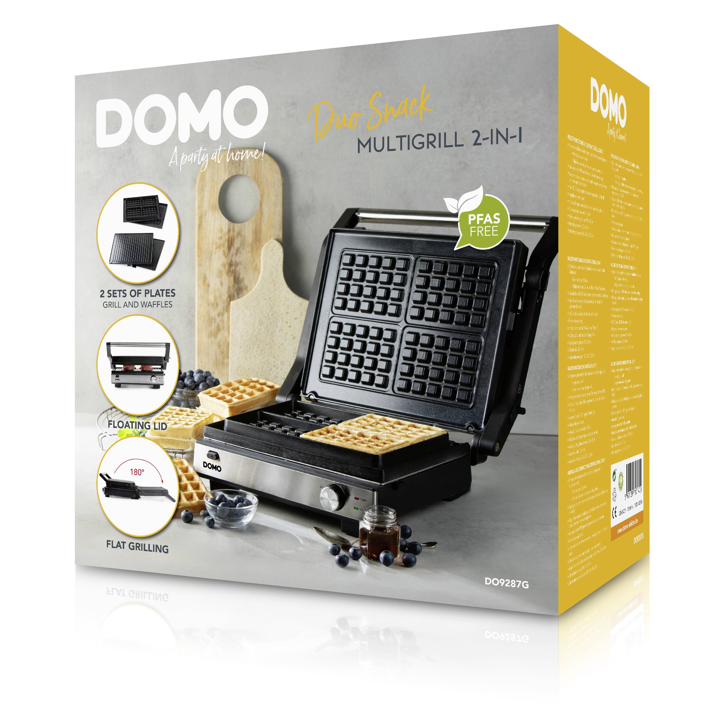 Multifunktionsgrill Domo Snack 2-in-1, zeigt Waffeln auf belgischen Platten. Enthält austauschbare Grillplatten und schwimmenden Deckel.