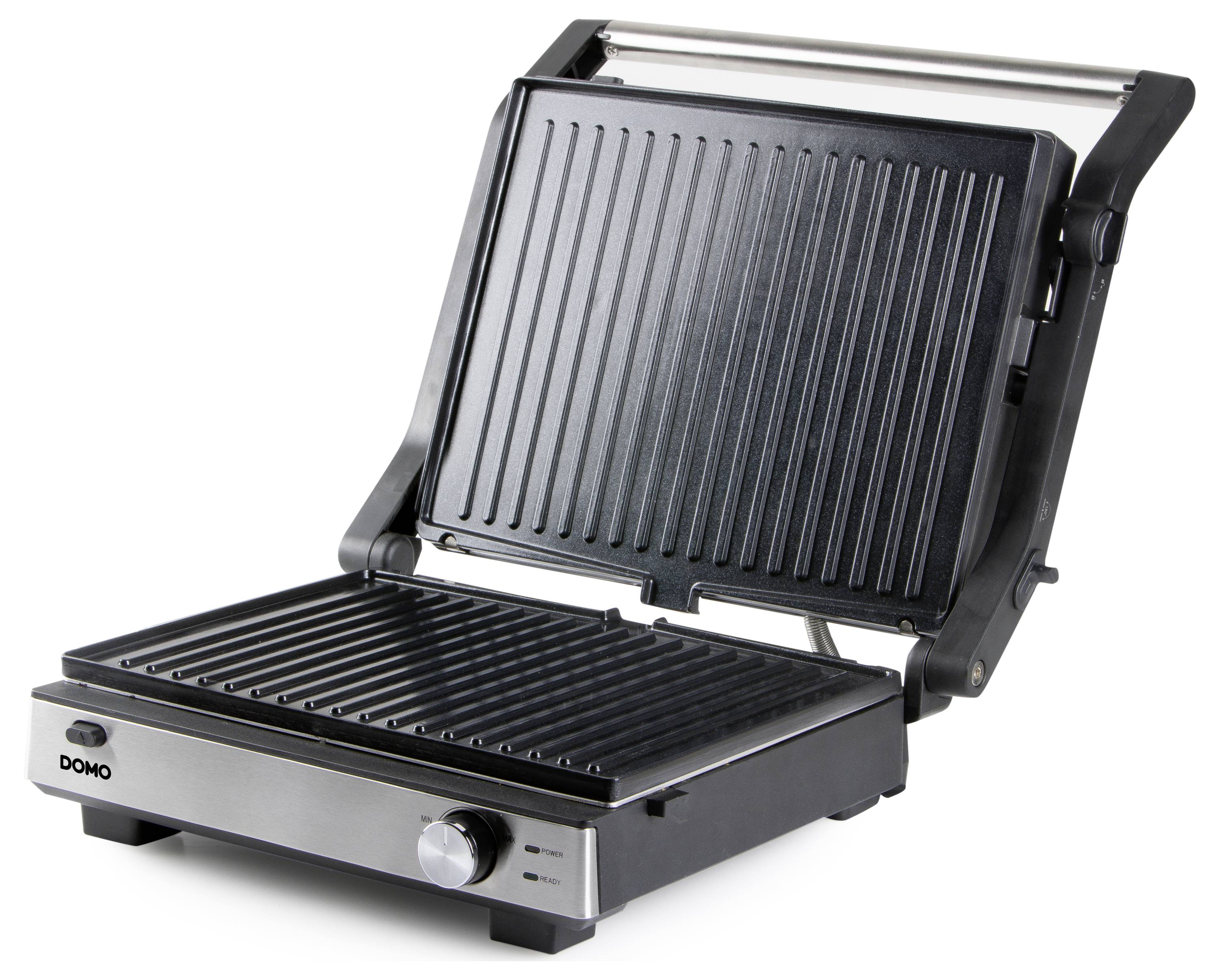Elektrischer Kontaktgrill mit geriffelter Grillfläche, geeignet für beidseitiges Grillen. Gerät ist schwarz mit silbernen Elementen.