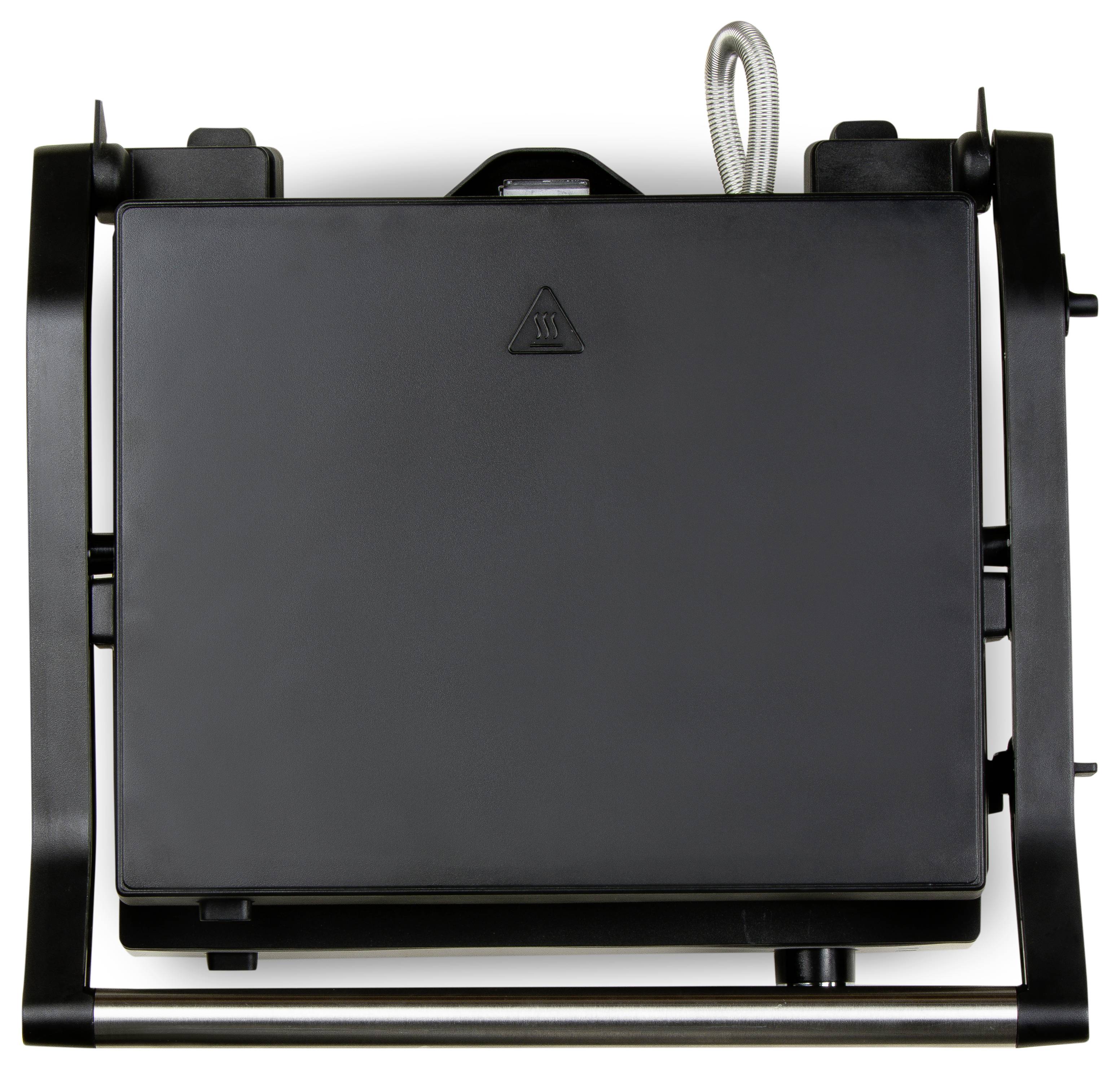 Ein schwarzer Kasten mit Griffen und einem Kabel ist in einer Halterung befestigt.