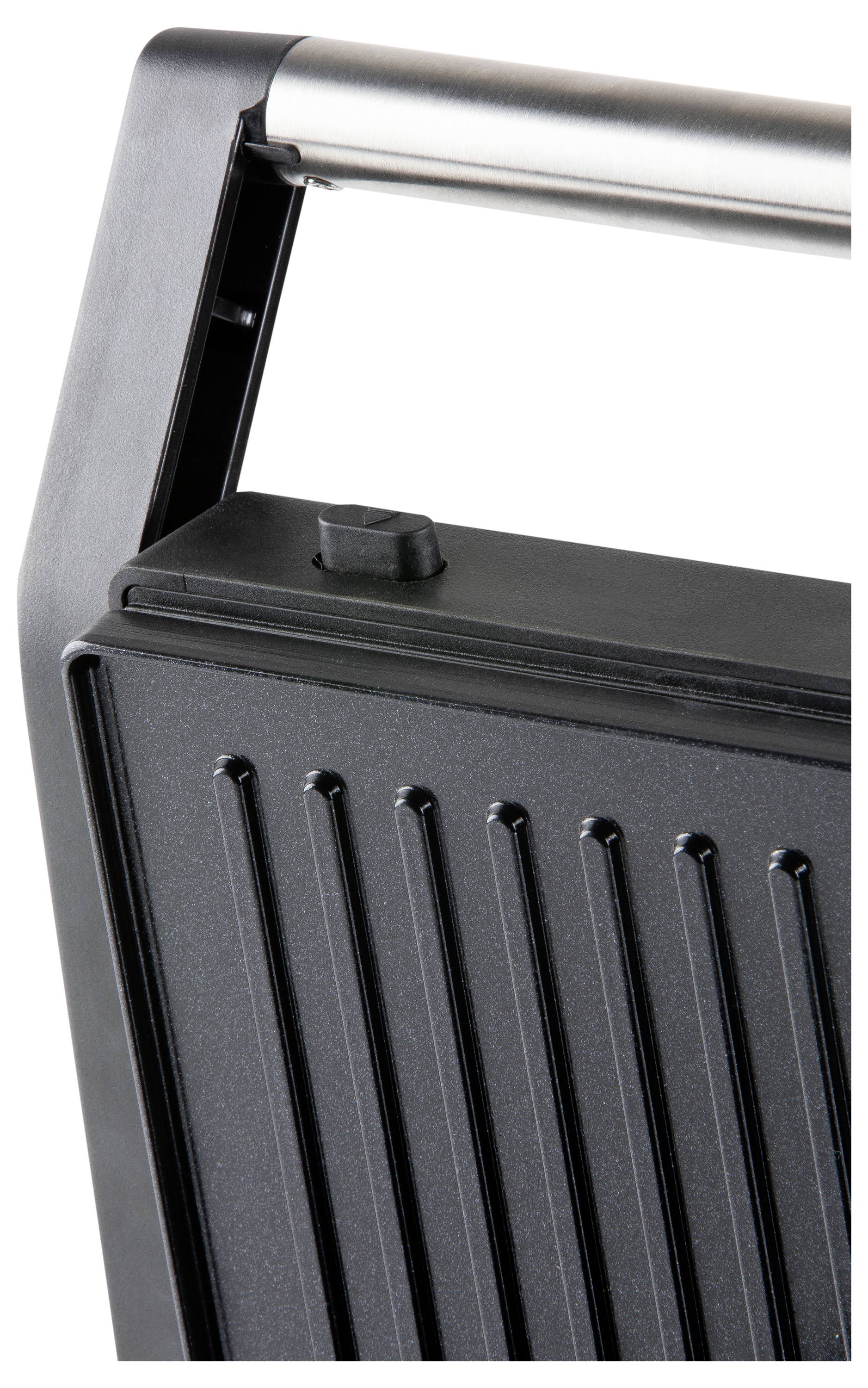 Tragbarer, schwarzer Grill mit geriffelter Oberfläche, geeignet für Sandwiches oder Paninis. Hochwertiger Griff für einfaches Tragen.