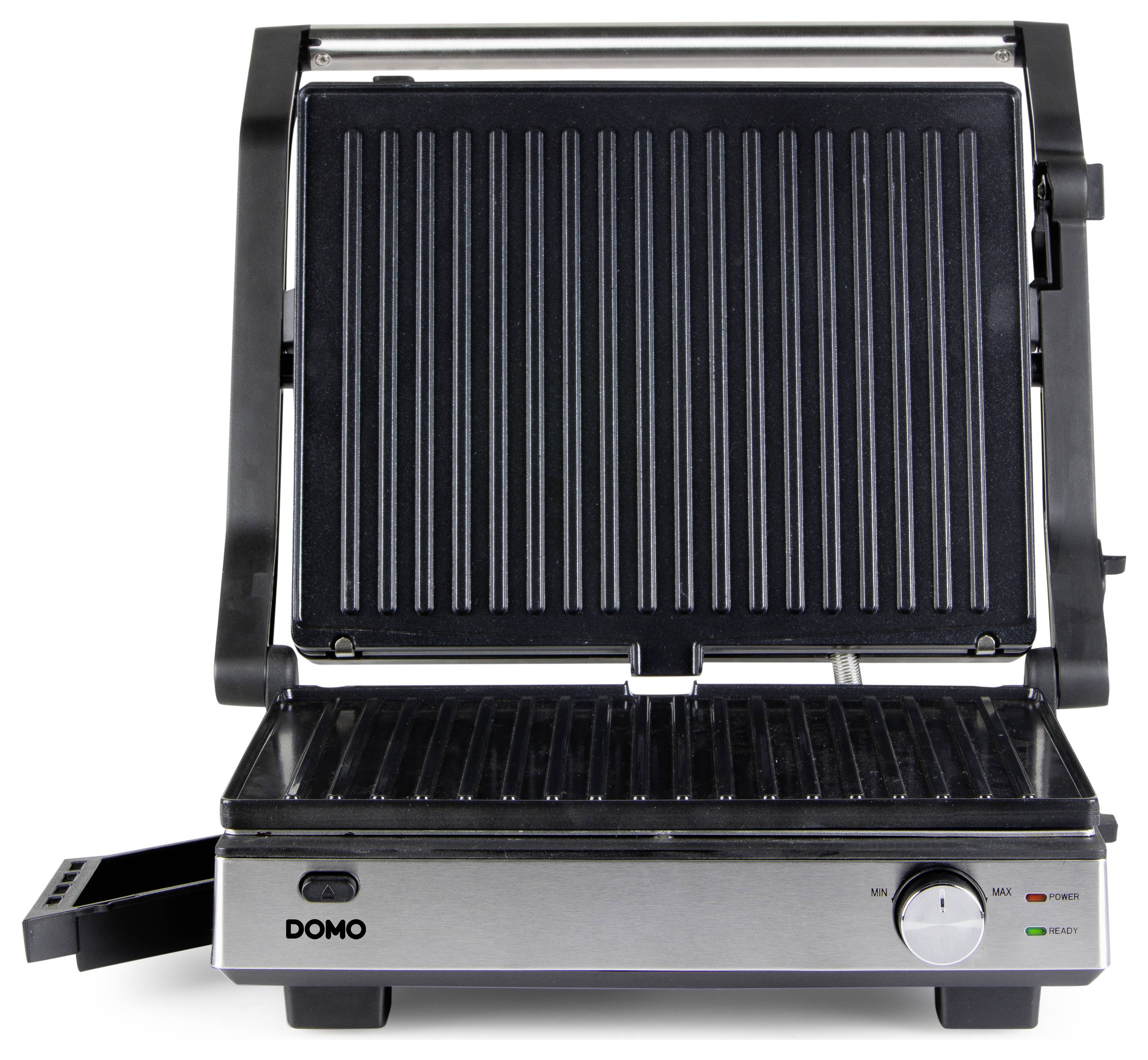 Ein elektrischer Kontaktgrill mit offenem Deckel, geriffelten Grillplatten und einem Temperaturregler an der Vorderseite.