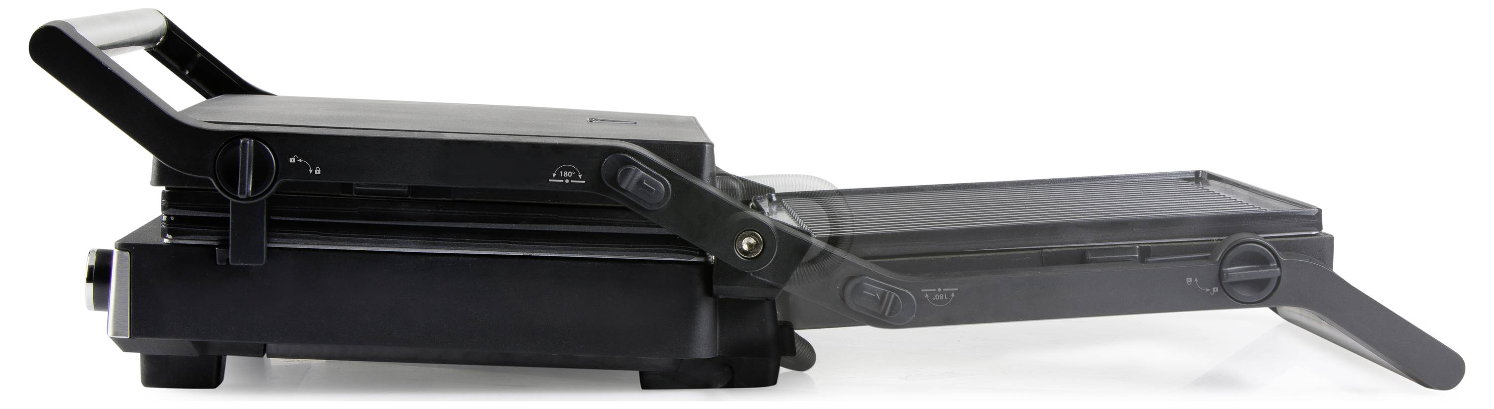 Schwarzes Kontaktgrill mit geöffneten Platten in seitlicher Ansicht, bereit zum Grillen von Lebensmitteln.