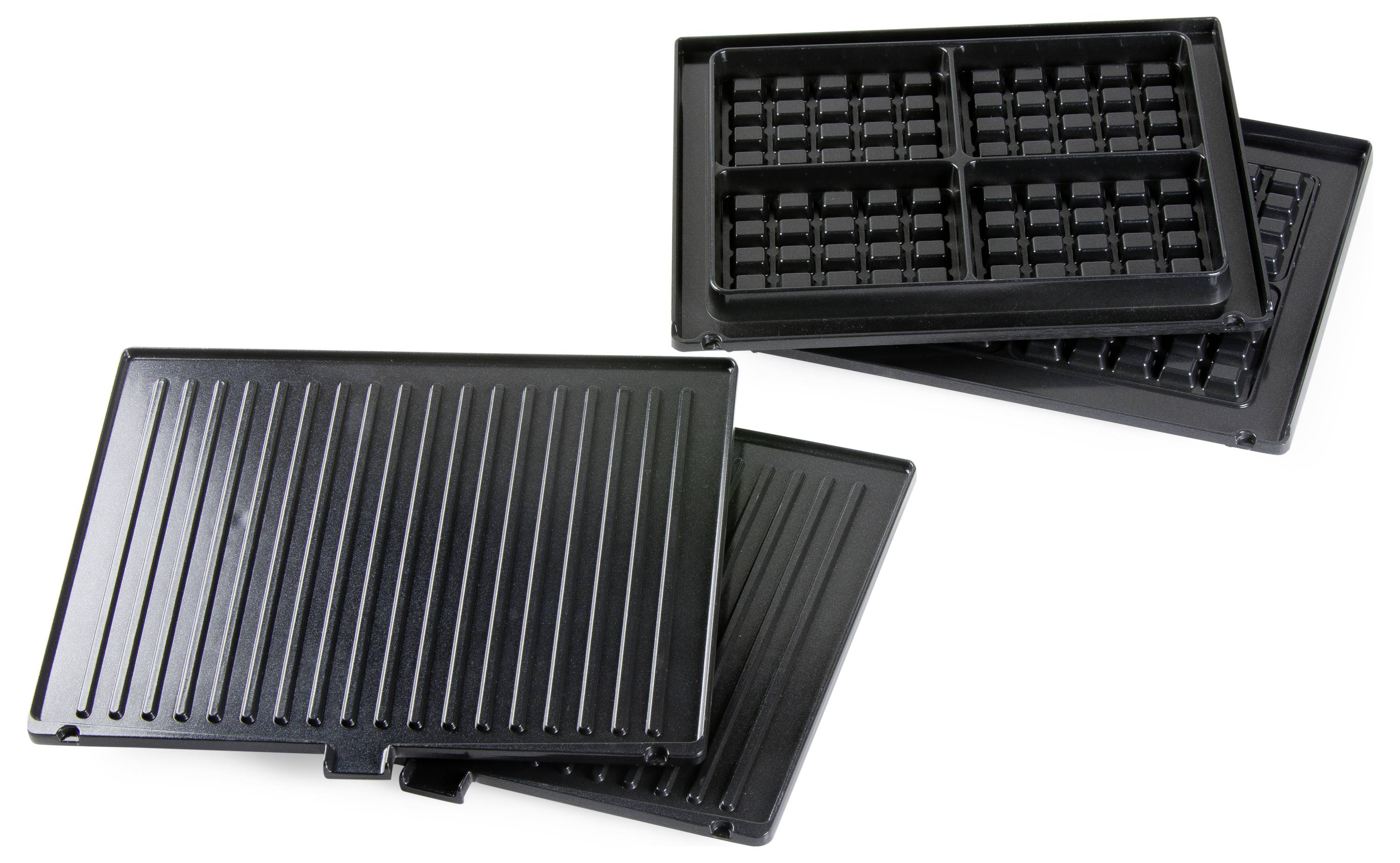 Zwei schwarze Grillplatten, eine geriffelt und eine mit Waffelmustern, auf weißem Hintergrund.