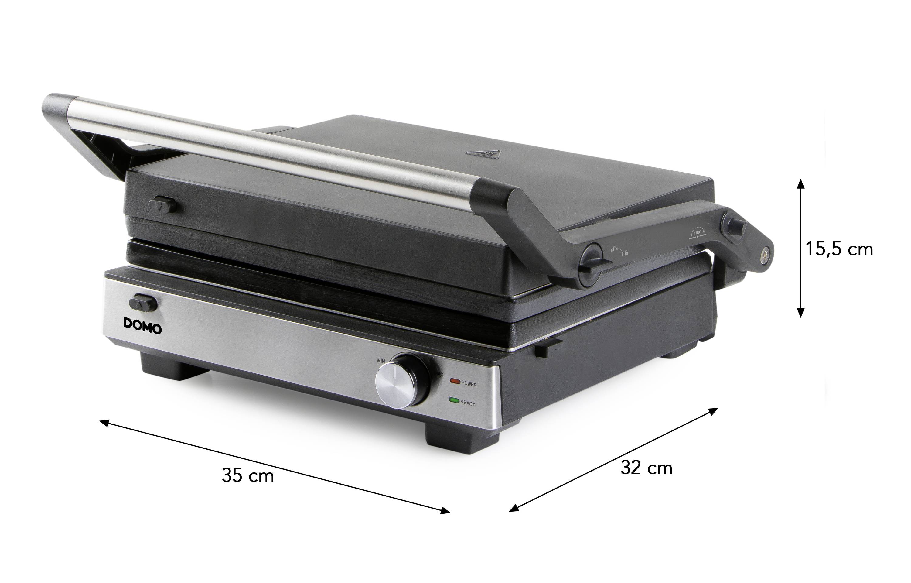 Elektrischer Tischgrill in geschlossenem Zustand, Silber mit schwarzem Deckel und Griff, Maße: 35 cm Breite, 32 cm Tiefe, 15,5 cm Höhe.