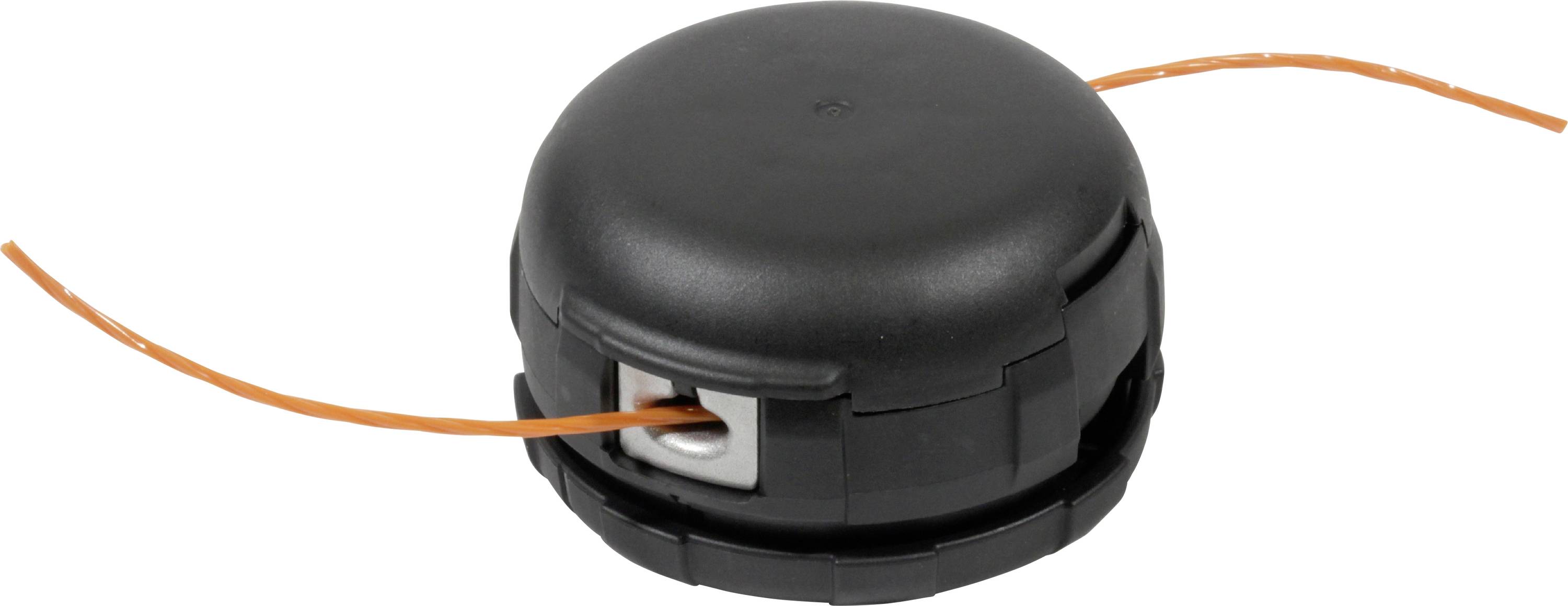 Eine schwarze Fadenkopf-Spule mit orangefarbenem Trimmerfaden, verwendet für Gartengeräte wie Rasentrimmer, liegt auf weißem Hintergrund.