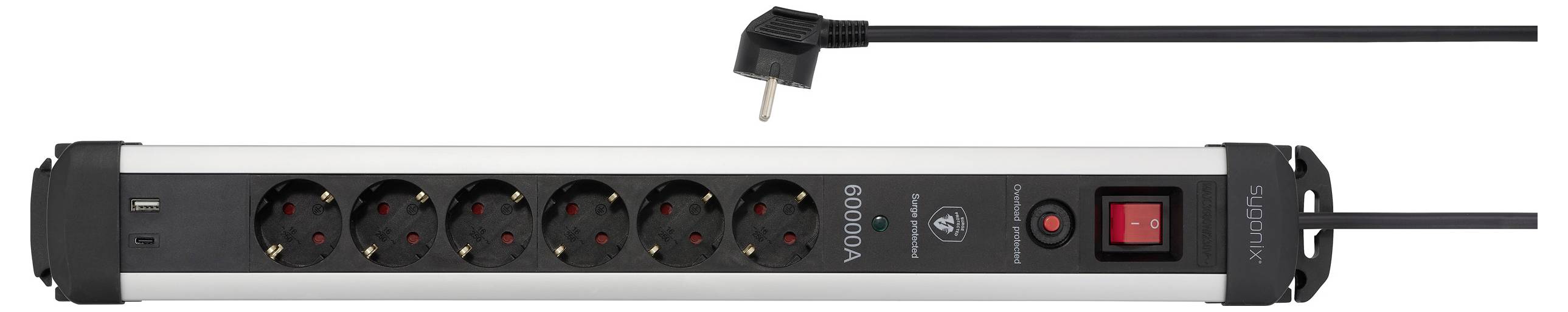 Sygonix SY-6805674 Überspannungsschutz-Steckdosenleiste 6fach Schwarz, Silver Schutzkontakt 1St.