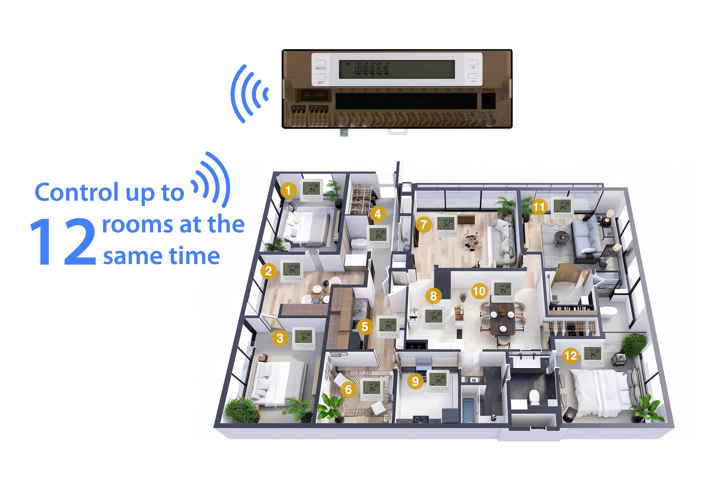 Grundriss eines 12-Zimmer-Hauses mit vernetztem Thermostatensystem. Räume umfassen Schlafzimmer, Küche, Wohnbereiche und Badezimmer.