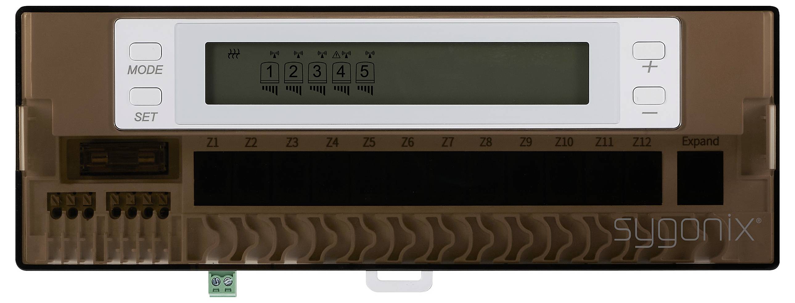 Digitaler Timer und Bedienfeld mit Display, das die Zahlen '1', '2', '3', '4', '5' zeigt, und Einstellungstasten zur Steuerung.