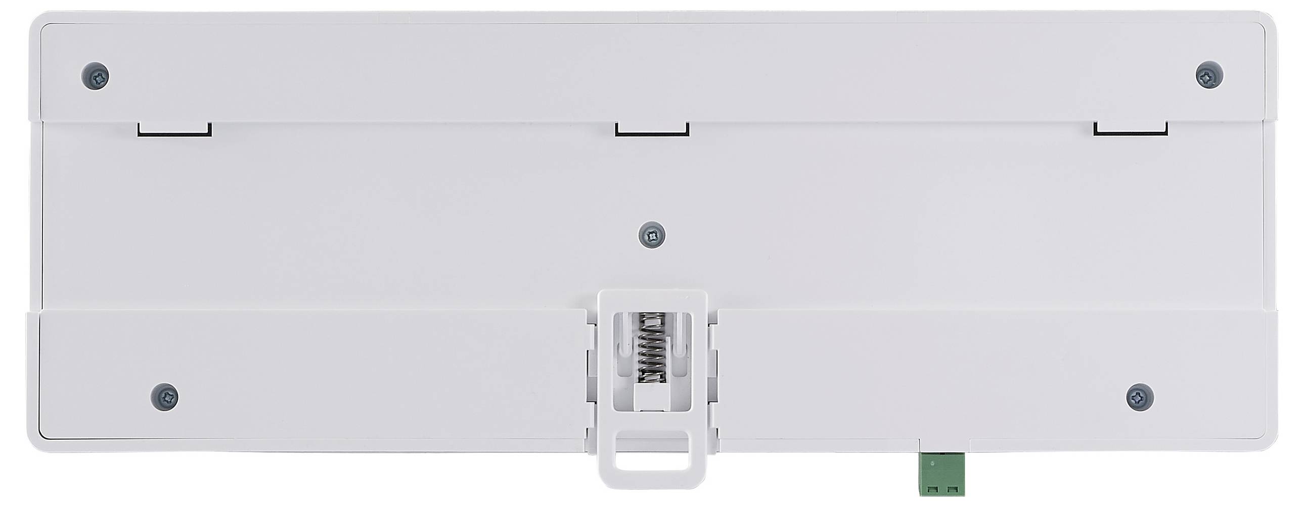 Die Abbildung zeigt die Rückseite eines elektronischen Geräts mit einer Wandhalterung und verschiedenen Schraublöchern.