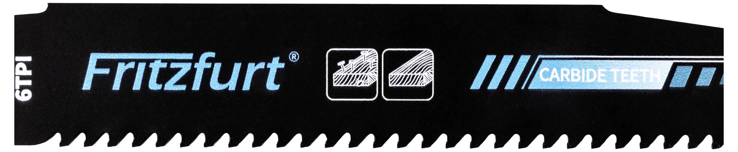„Sägeblatt mit 'Fritzfurt', Illustration und Beschriftung 'CARBIDE TEETH', 6 Zähne pro Zoll.