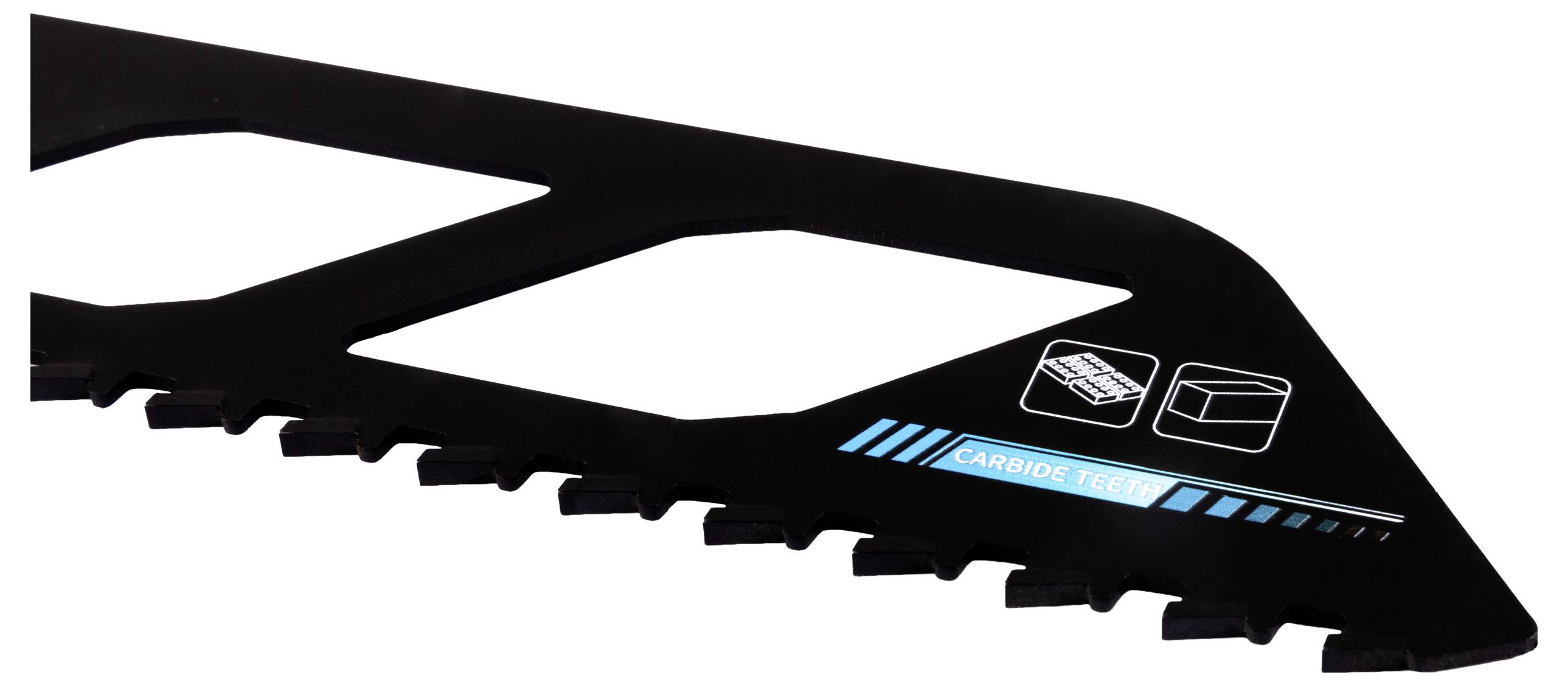 Eine Nahaufnahme einer schwarzen Sägeblatt mit blauem 'Carbide Tech' Text und Symbolen eines Baumes und einer Box, die seine Schneideeigenschaften anzeigen.