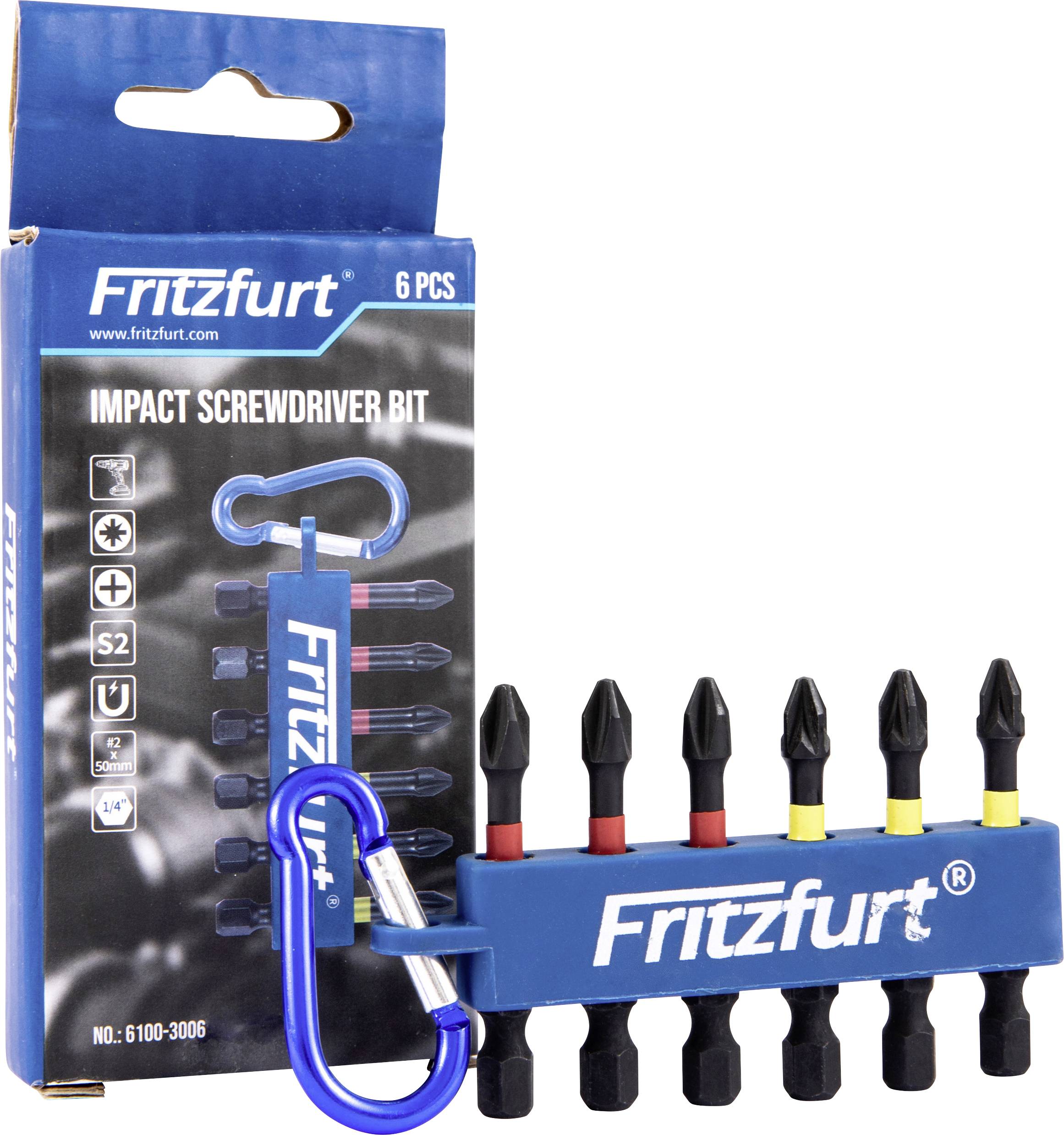 Fritzfurt 6-teiliges Schlagschrauber-Bitset mit Halter und Karabiner. Die Verpackung zeigt Bits, die für verschiedene Schraubentypen geeignet sind.