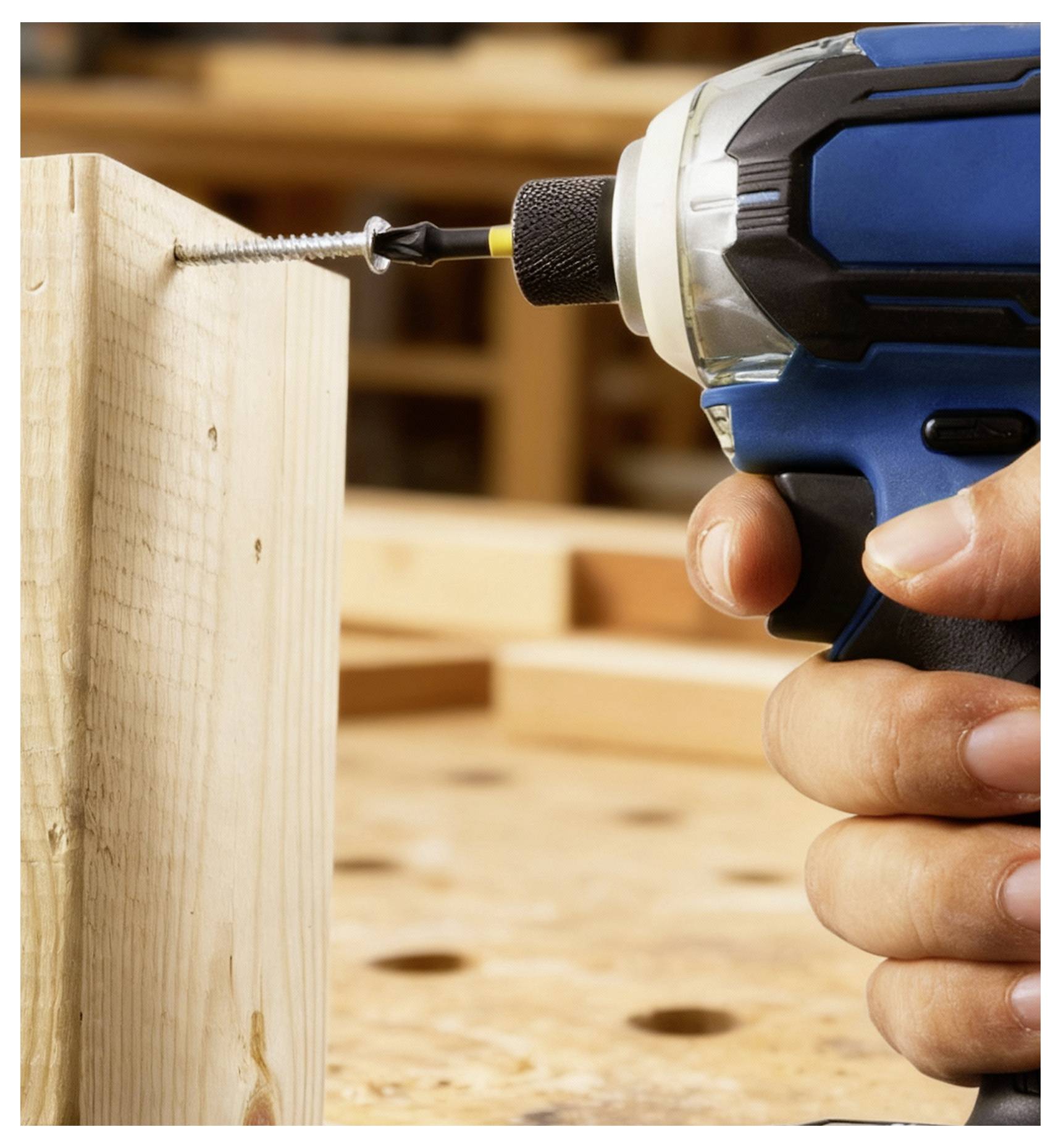 Eine Hand benutzt einen blauen Akkuschrauber, um eine Schraube in ein Holzbrett zu treiben und damit eine Holzbearbeitung auf einer Werkbank in Arbeit zu zeigen.