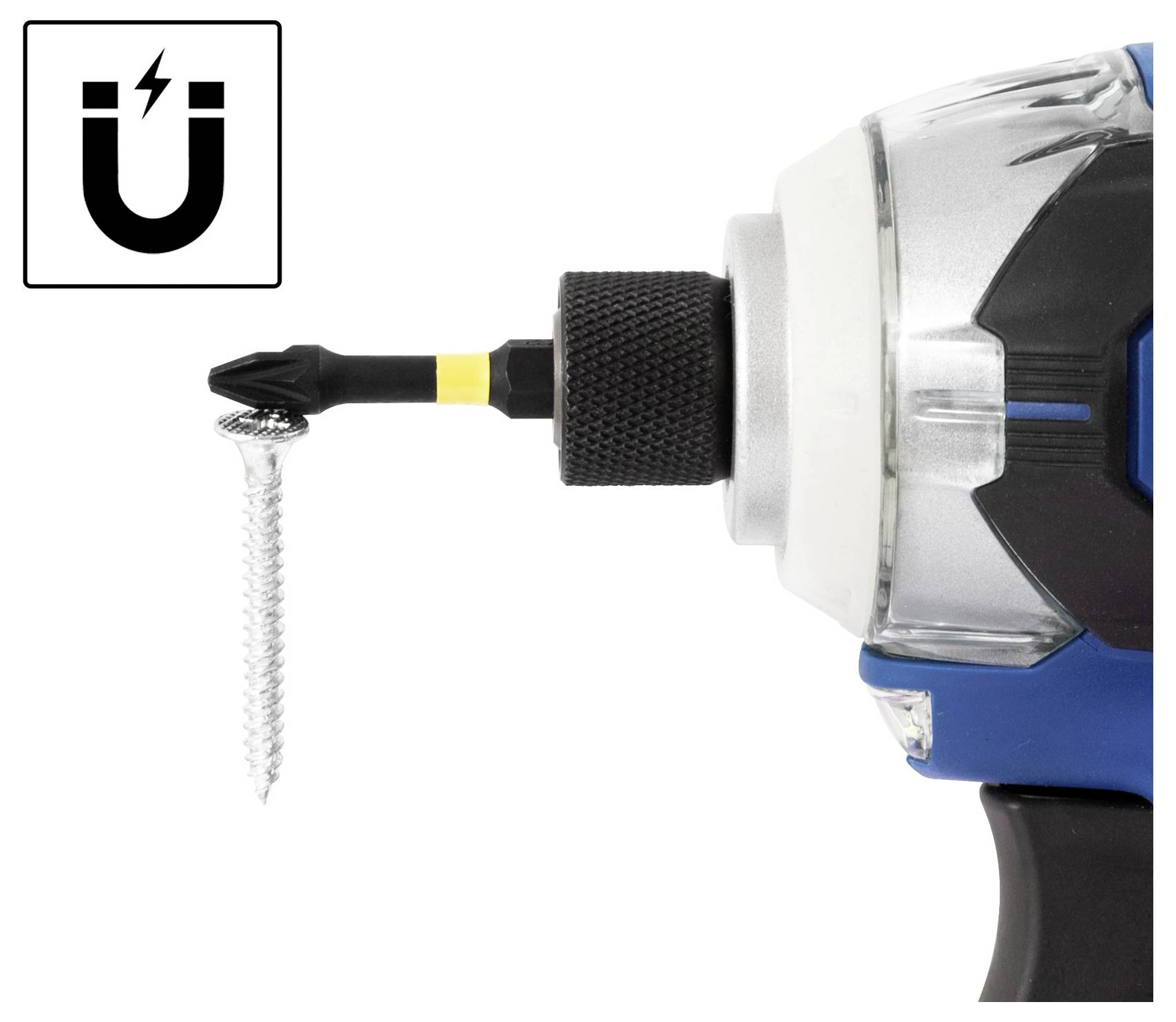 Eine Akkuschrauber mit einem magnetischen Bithalter, der eine Schraube in Position hält und die Fähigkeit des Werkzeugs demonstriert, Schrauben auszurichten und gebrauchsbereit zu halten.