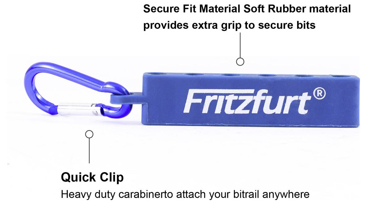 Fritz-Furt Werkzeughalter mit blauem Karabiner; gekennzeichnete Merkmale umfassen einen sicheren Halt durch weiches Gummimaterial für einen festen Griffbereich und eine schnelle Befestigungsmöglichkeit.