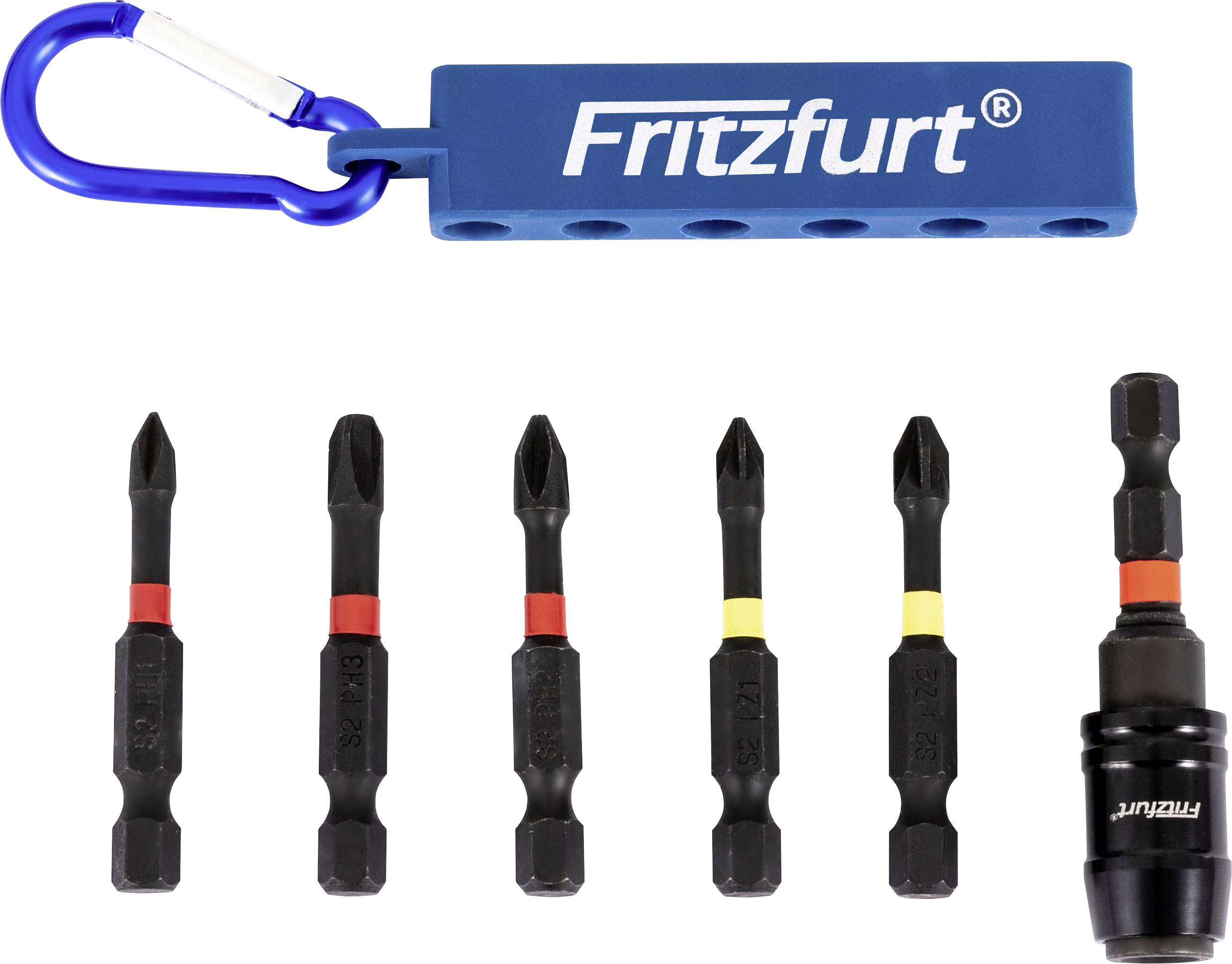 Hochwertiger 'Fritzfurt' Karabiner in Blau mit angebrachtem Sechskant-Bithalter. Enthält verschiedene schwarze Sechskant-Bits in unterschiedlichen Größen mit farbigen Ringen und einen Adapter.