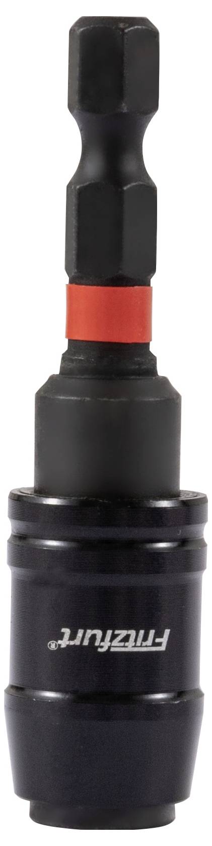 Ein schwarzer magnetischer Bithalter mit einem roten Band in der Nähe des Sechskantschafts, beschriftet mit 'PZ TZUF'. Wird zum Befestigen von Schrauberbits verwendet.