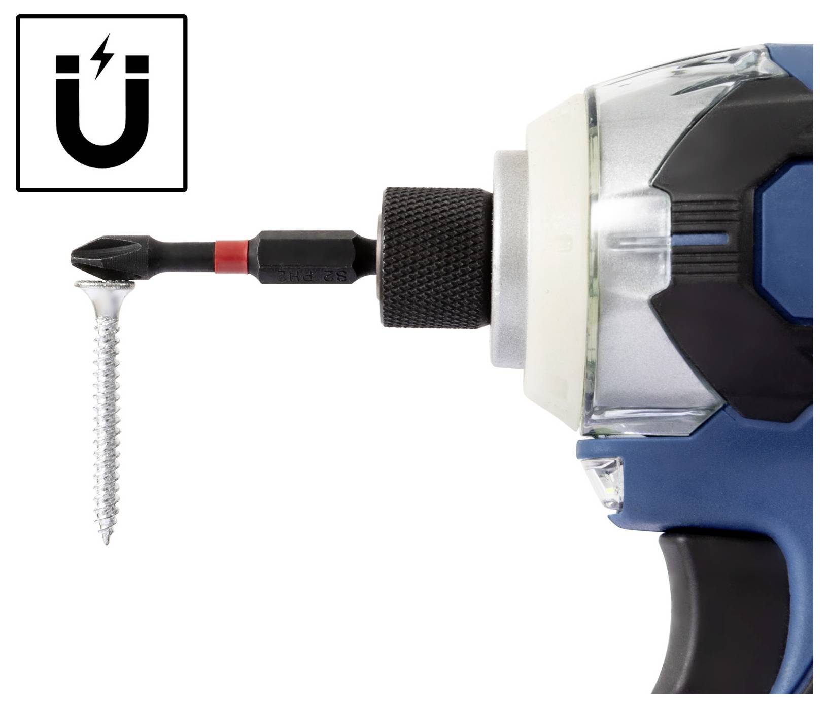 Ein Bohrschrauber-Bit, das einen Schrauben magnetisch festhält, mit einem Magnetsymbol, das das Merkmal des Werkzeugs für sicheres Schraubeneinsetzen anzeigt.