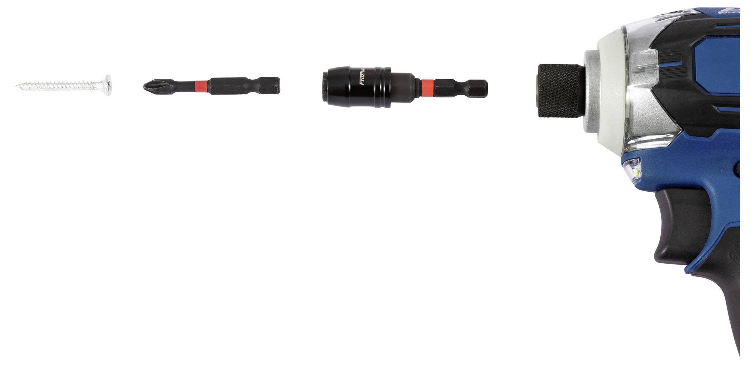 Eine Bohrmaschine wird zusammen mit einem Bithalter und einem Bit sowie einer Schraube gezeigt, was den Aufbau zum Befestigen veranschaulicht.