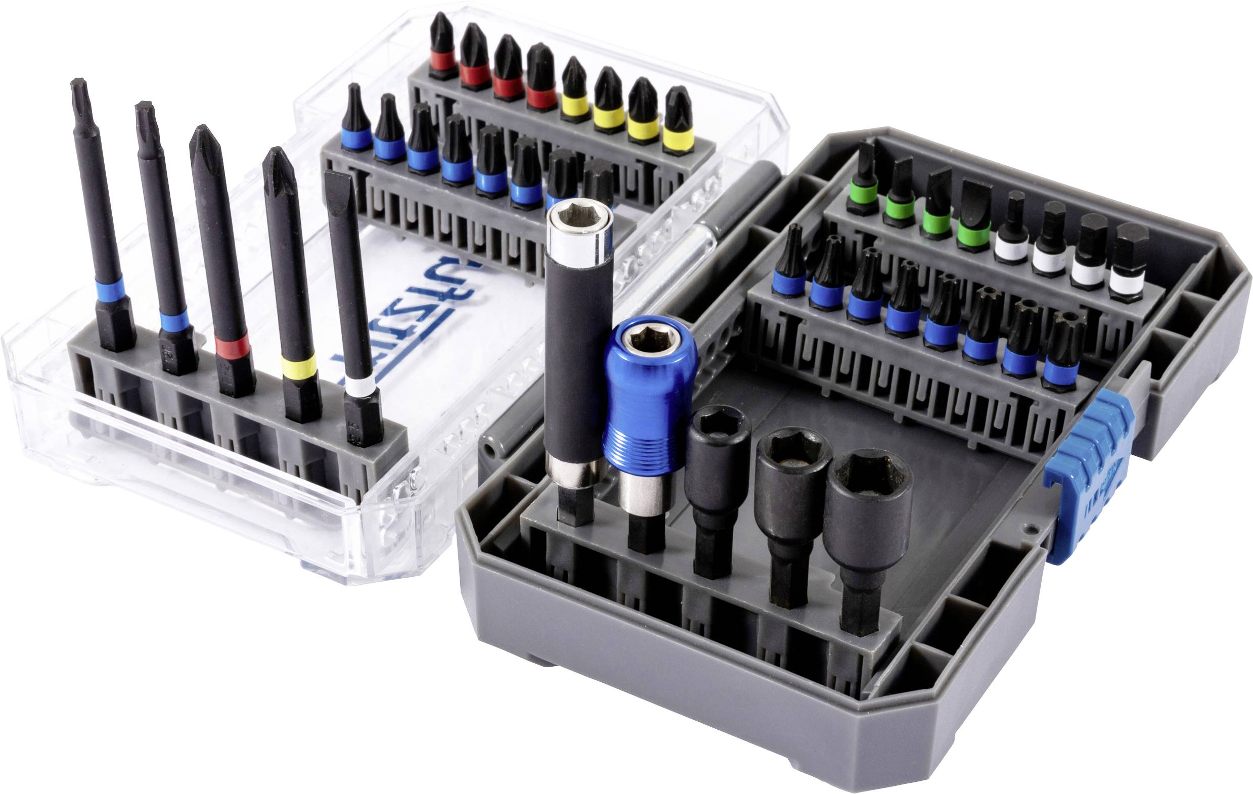 Ein Werkzeugset mit verschiedenen Schraubendrehereinsätzen, Steckschlüsseln und Zubehör, geordnet in einer Plastikbox, das unterschiedliche Größen und Formen für vielseitige Anwendungen zeigt.