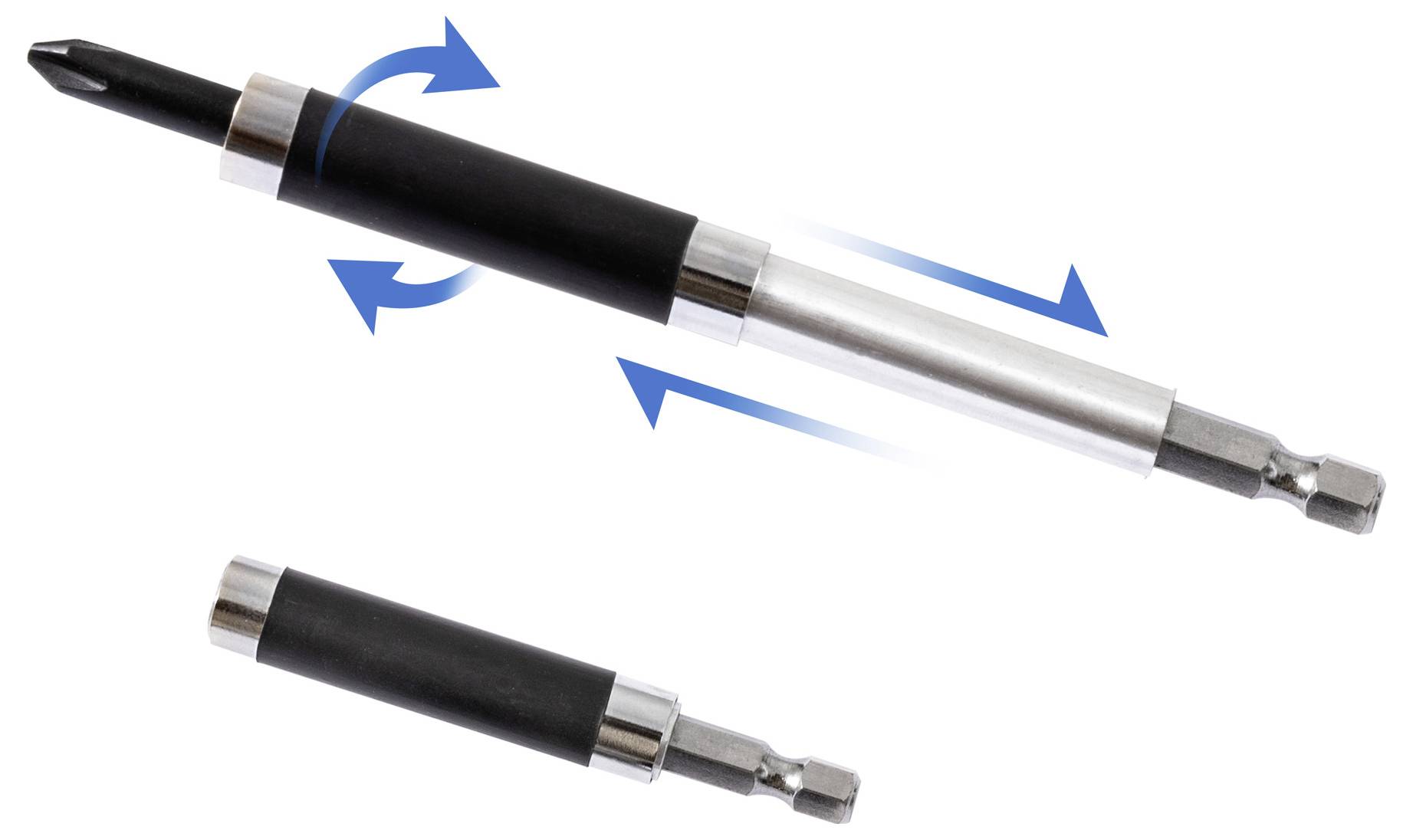 Ein zweiteiliges Metallwerkzeug mit einem rotierenden schwarzen Griff und Pfeilen, die Schiebe- und Drehbewegungen andeuten, was darauf hindeutet, dass es verstellbar ist.