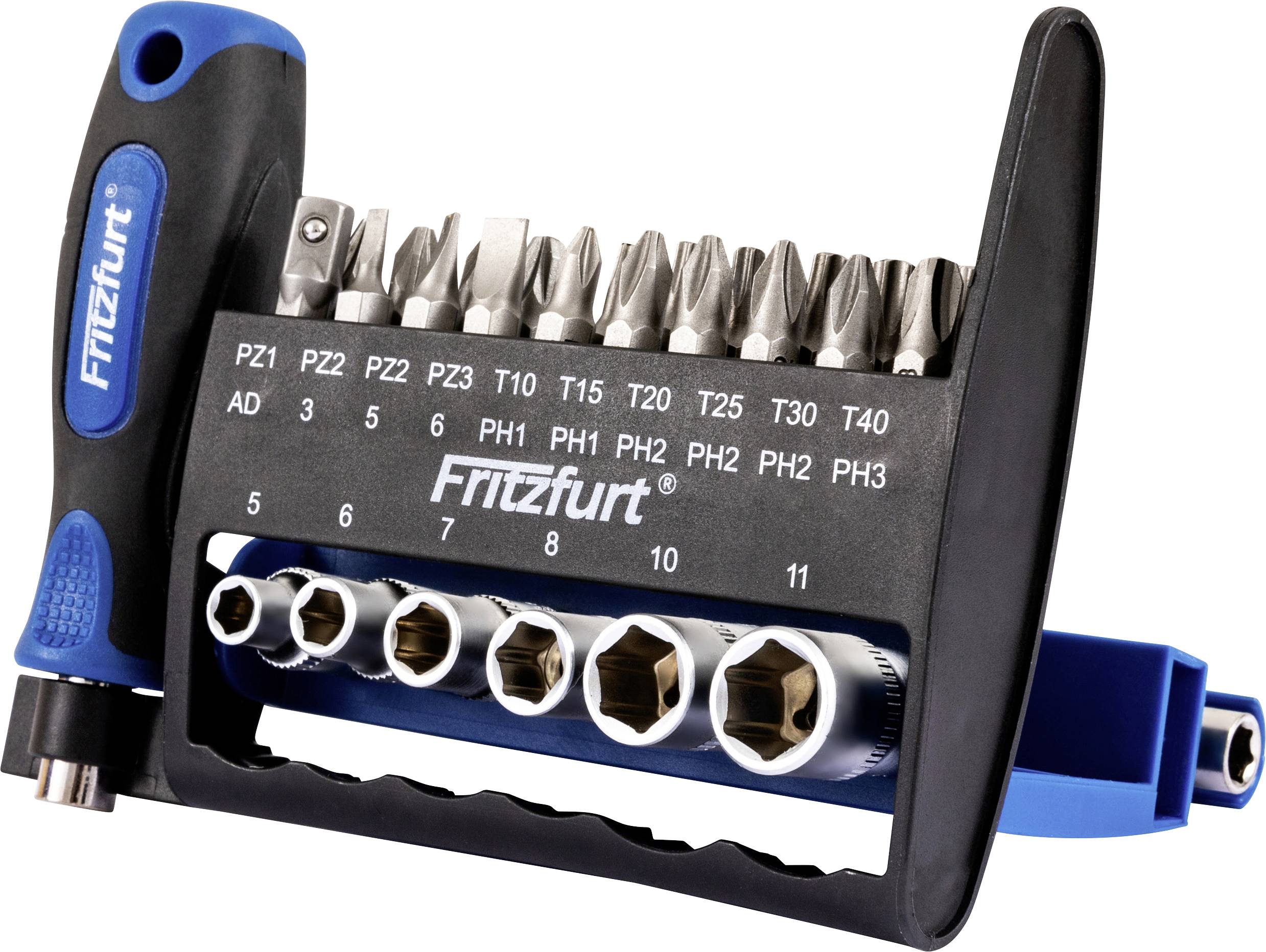 Ein Satz Schraubenziehereinsätze und Steckschlüssel mit blauem Griff, beschriftet mit 'Fritzfurt'. Umfasst verschiedene Sechskant-, Kreuzschlitz- und Schlitzschrauben-Einsätze.