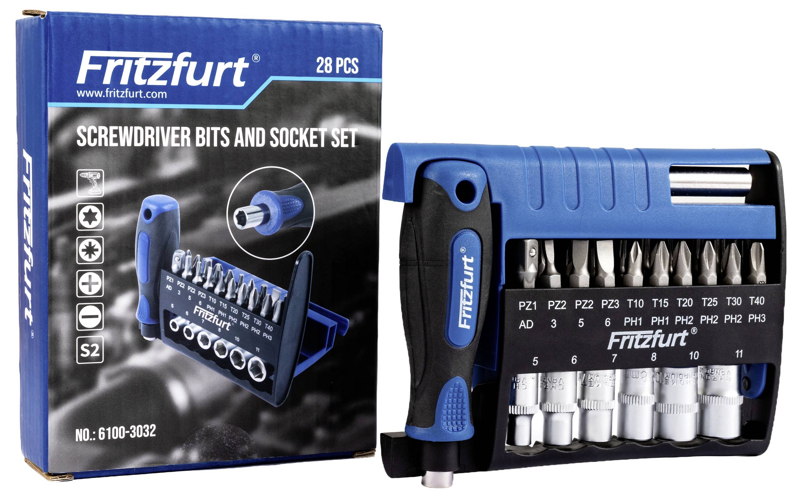 Schraubenziehereinsätze und Steckschlüsselsatz, 28 Teile, enthält verschiedene Köpfe und Sockelbefestigungsgrößen. Die Box zeigt ein Produktbild und den Markennamen.
