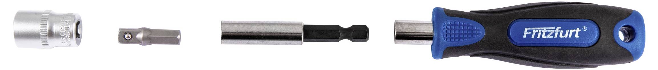 Ein Schraubendrehergriff mit einem austauschbaren Schaft, einem Adapter und einem Socketkopf, in einer Linie angeordnet.