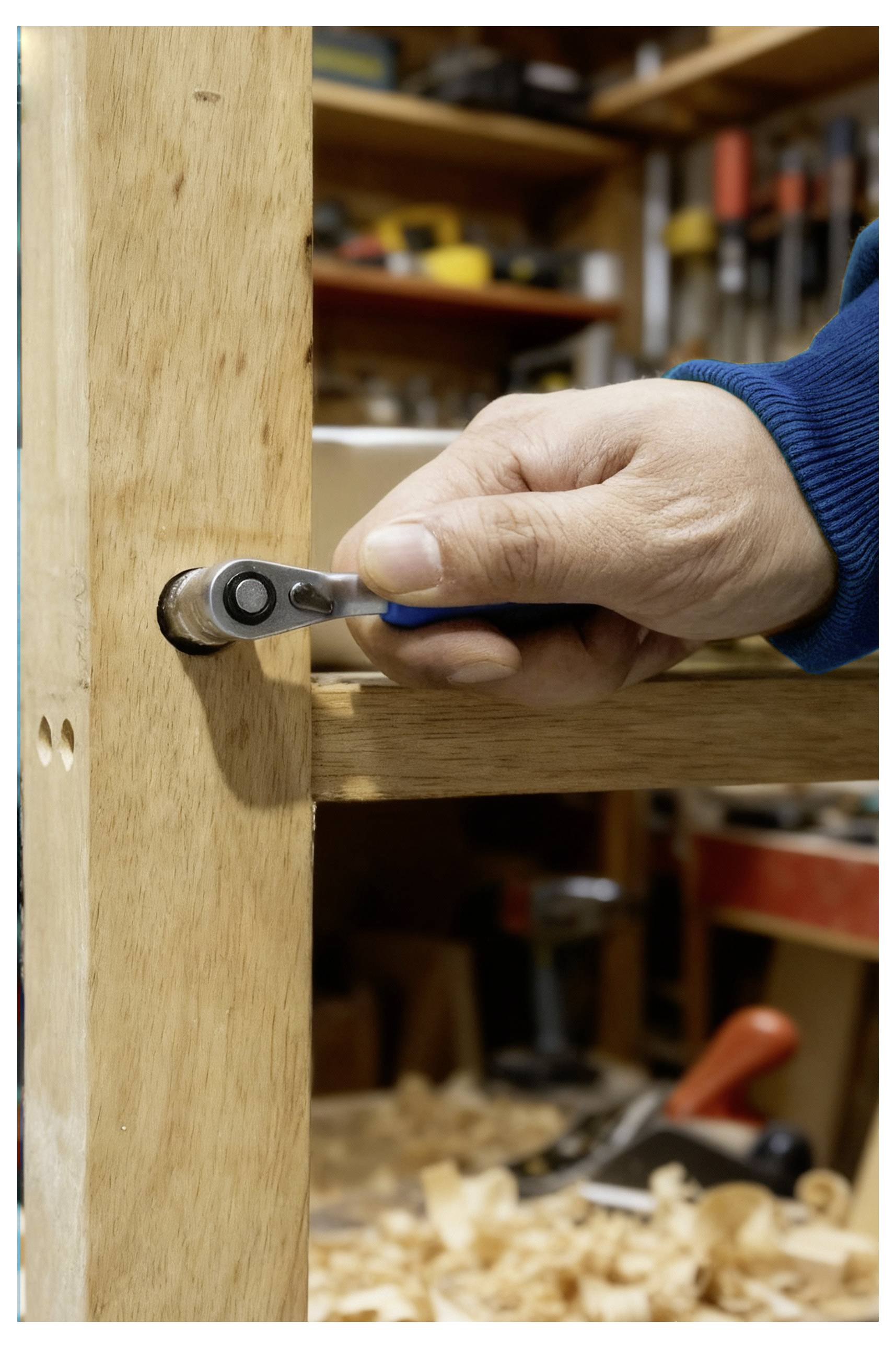 Eine Hand benutzt einen Ratschenschlüssel, um eine Schraube auf einem Holzrahmen zu befestigen. Werkzeuge und Holzspäne sind im Hintergrund sichtbar und deuten auf eine Werkstattumgebung hin.