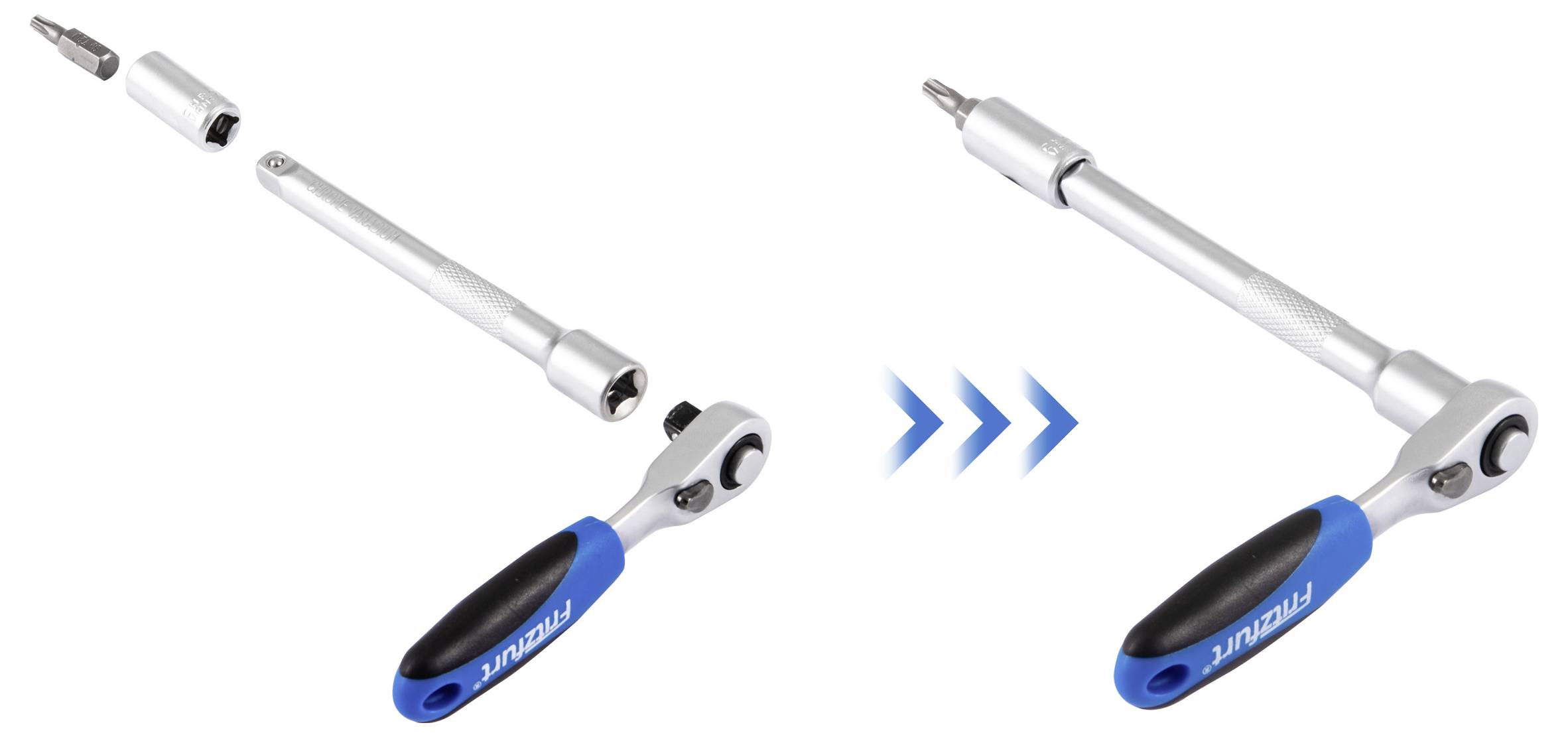Ein Knarren-Schraubenschlüssel und eine Verlängerung sind links zerlegt und rechts montiert abgebildet, wodurch der Verbindungsvorgang veranschaulicht wird.