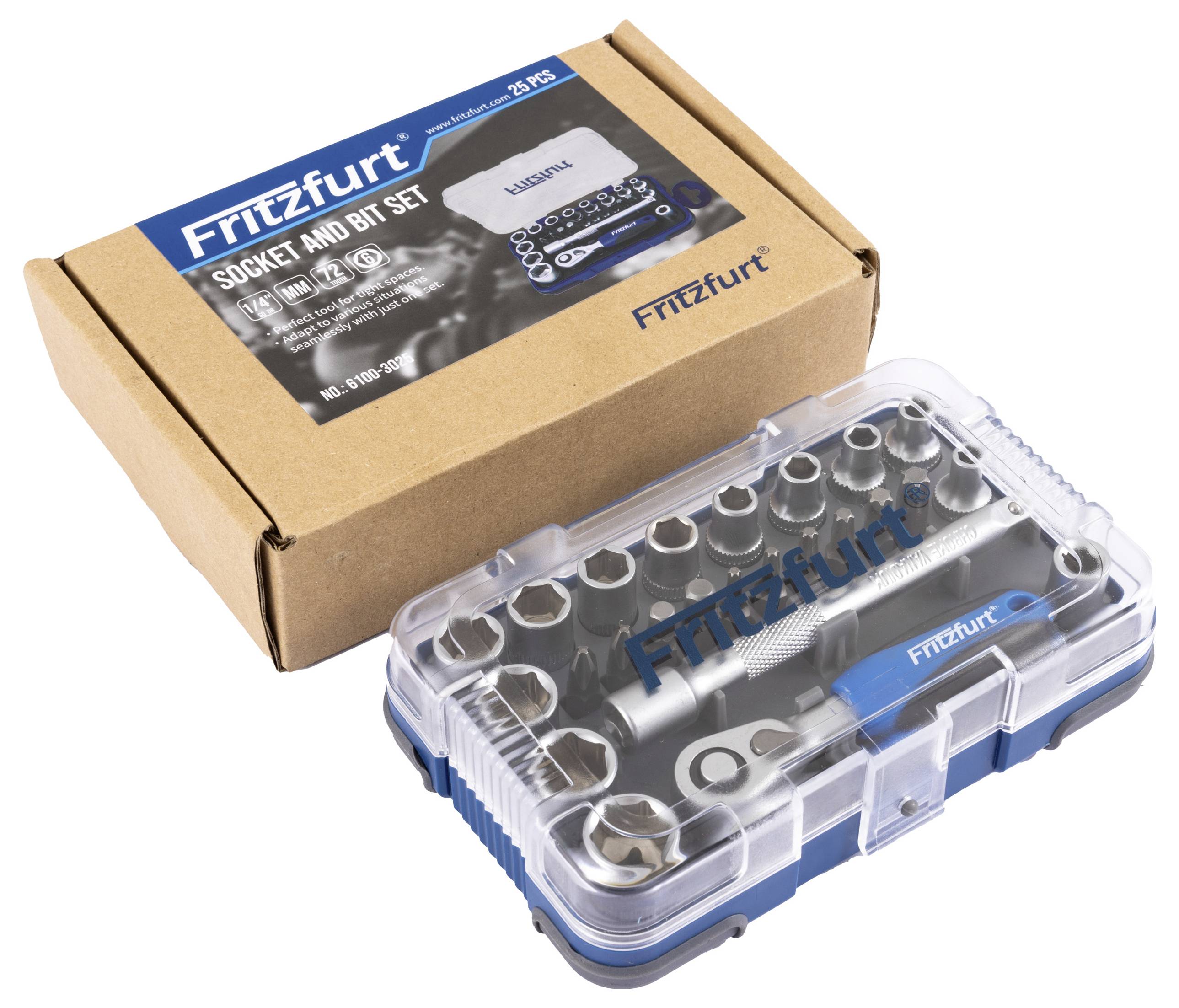 Ein blauer und silberner Sockel- und Bitset, beschriftet mit 'Fritzfurt', enthält verschiedene Werkzeugbits in einem transparenten Plastikkoffer, neben seiner Verpackungsbox.