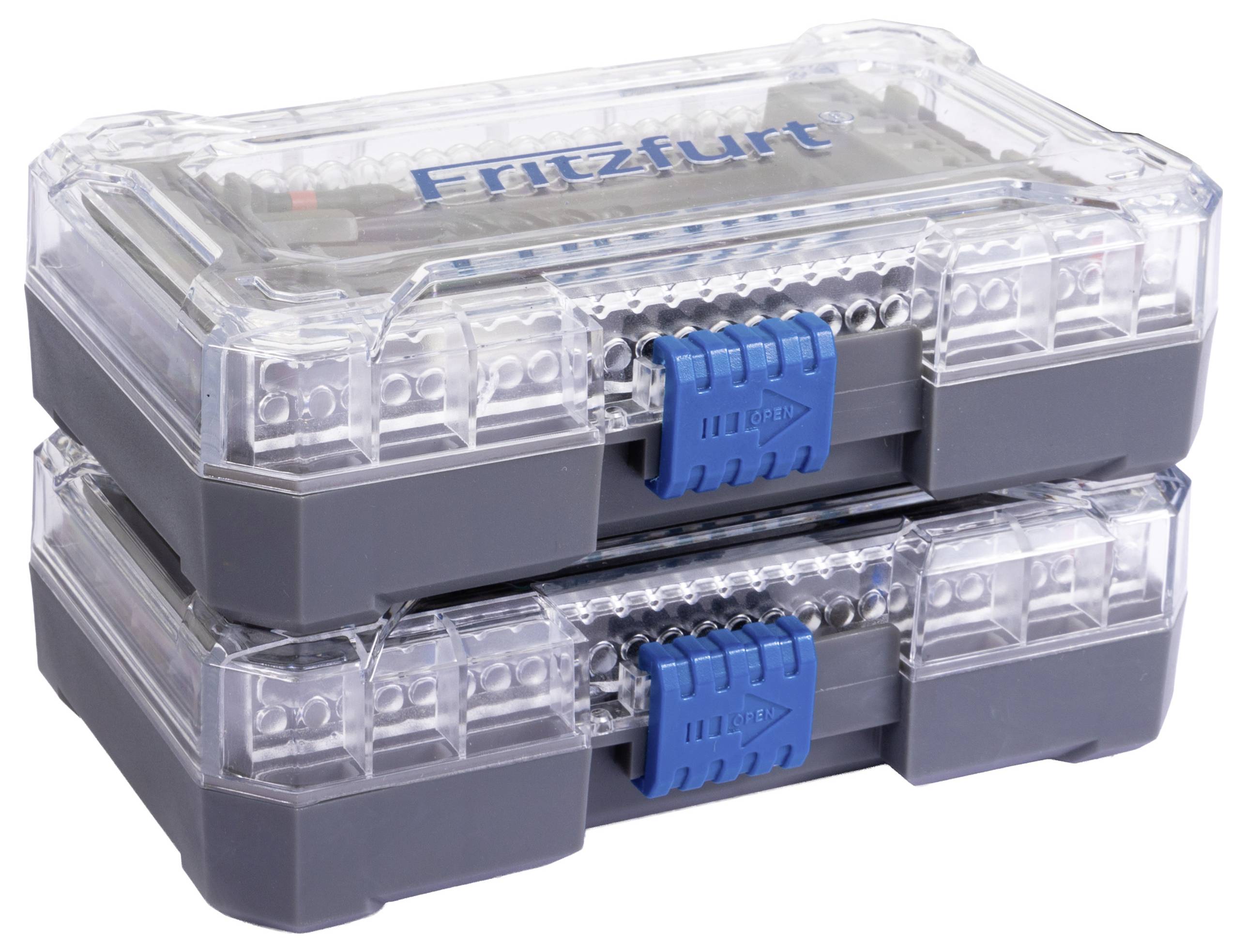 Zwei gestapelte graue Plastik-Aufbewahrungsboxen mit transparenten Deckeln, versehen mit blauen Verschlüssen und dem Text 'Fritzfurt' auf der Oberseite.