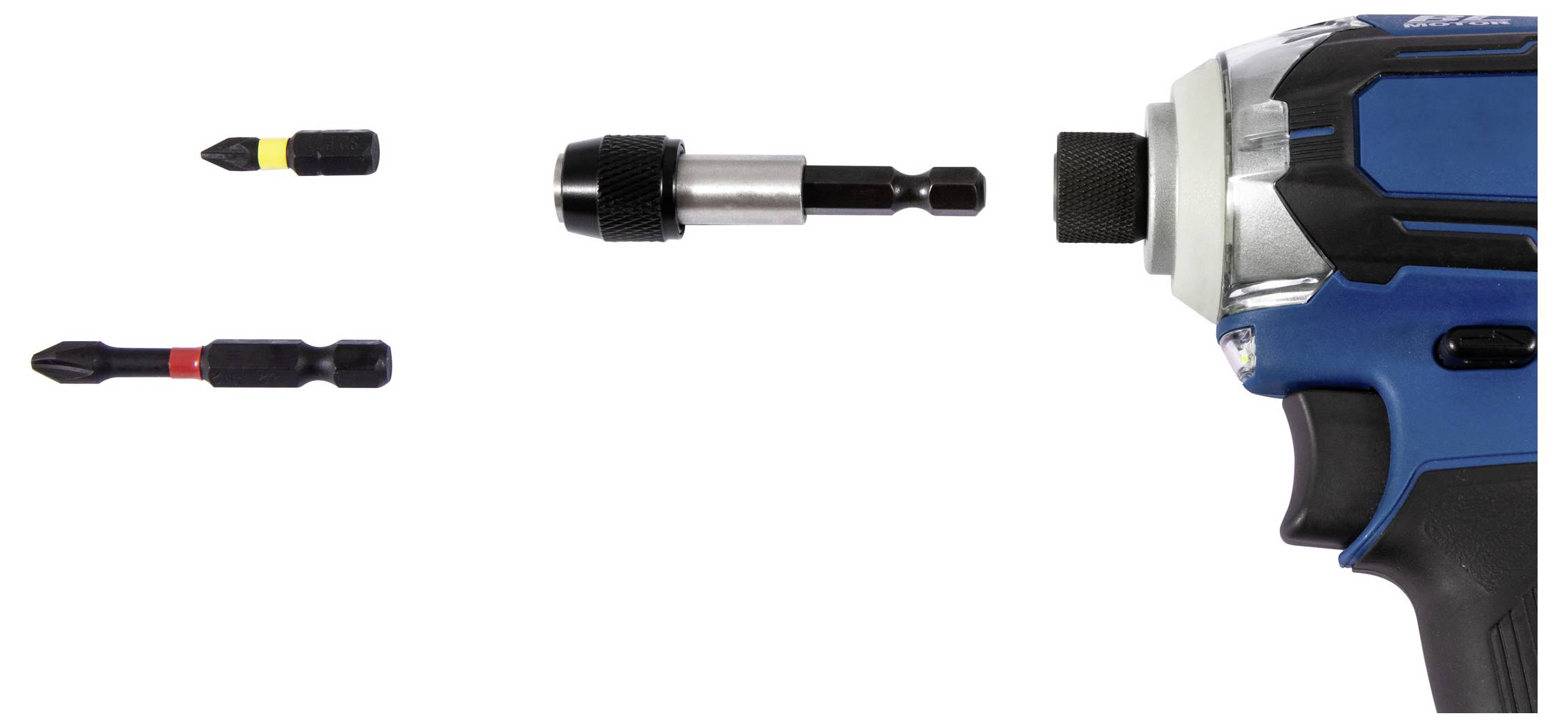 Eine Bohrmaschine mit einem angebrachten Bithalter und drei auswechselbaren Bits: gelbe, schwarze und rote Bänder, die unterschiedliche Größen anzeigen.