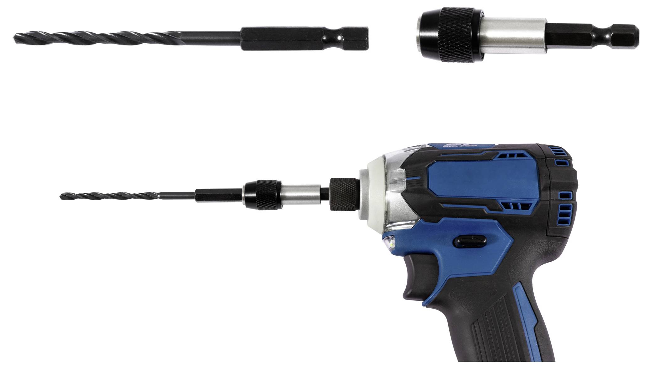 Eine blaue und schwarze Bohrmaschine mit angesetztem Bohrer wird gezeigt. Darüber ist ein separates Nahaufnahmebild der Bohrerspitze und des Bohrfutters zu sehen.