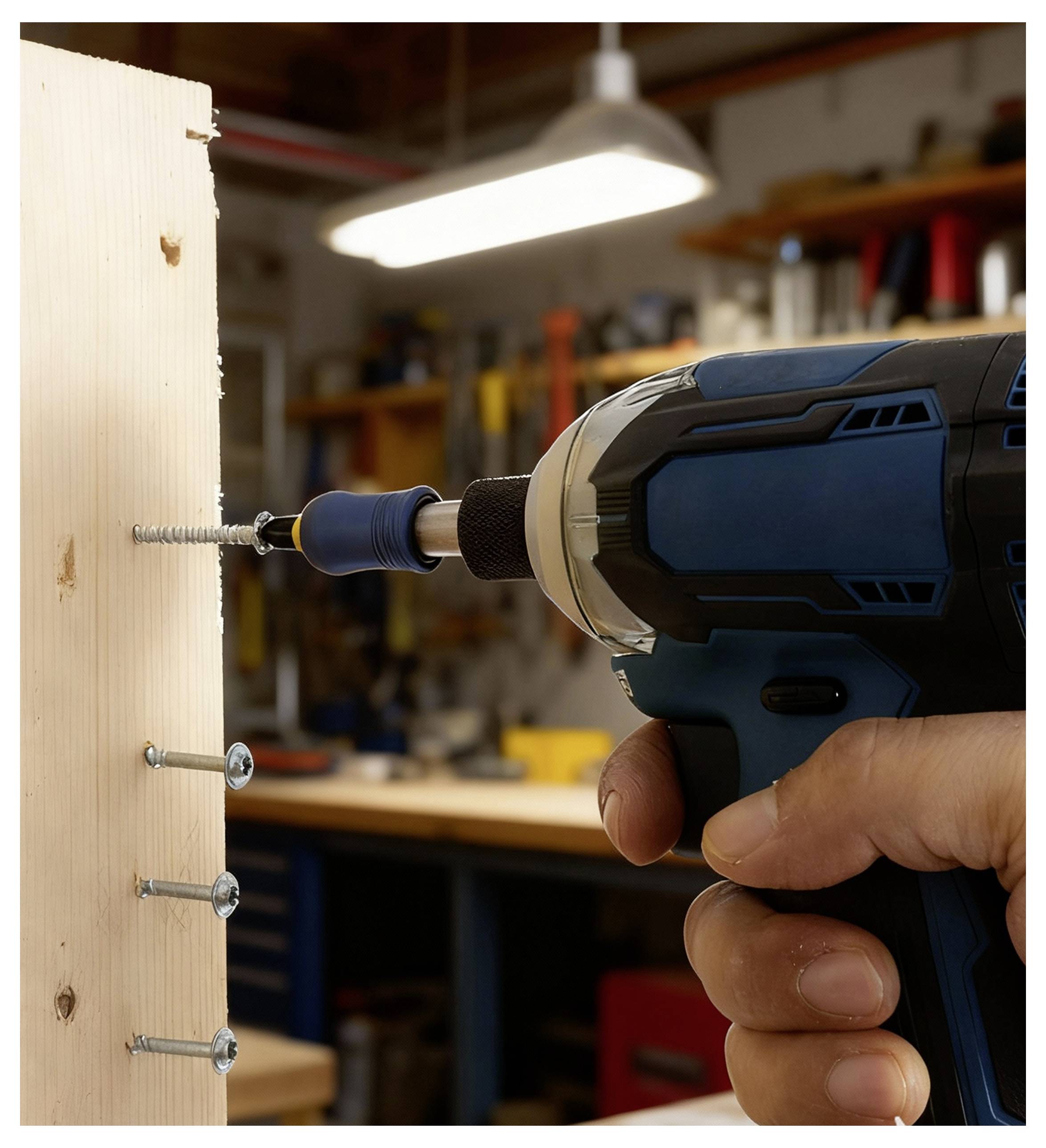 Eine Hand benutzt einen blauen elektrischen Bohrer, um eine Schraube in ein Holzbrett zu treiben, während andere Schrauben bereits teilweise eingedreht sind. Eine Werkstattumgebung ist zu sehen.