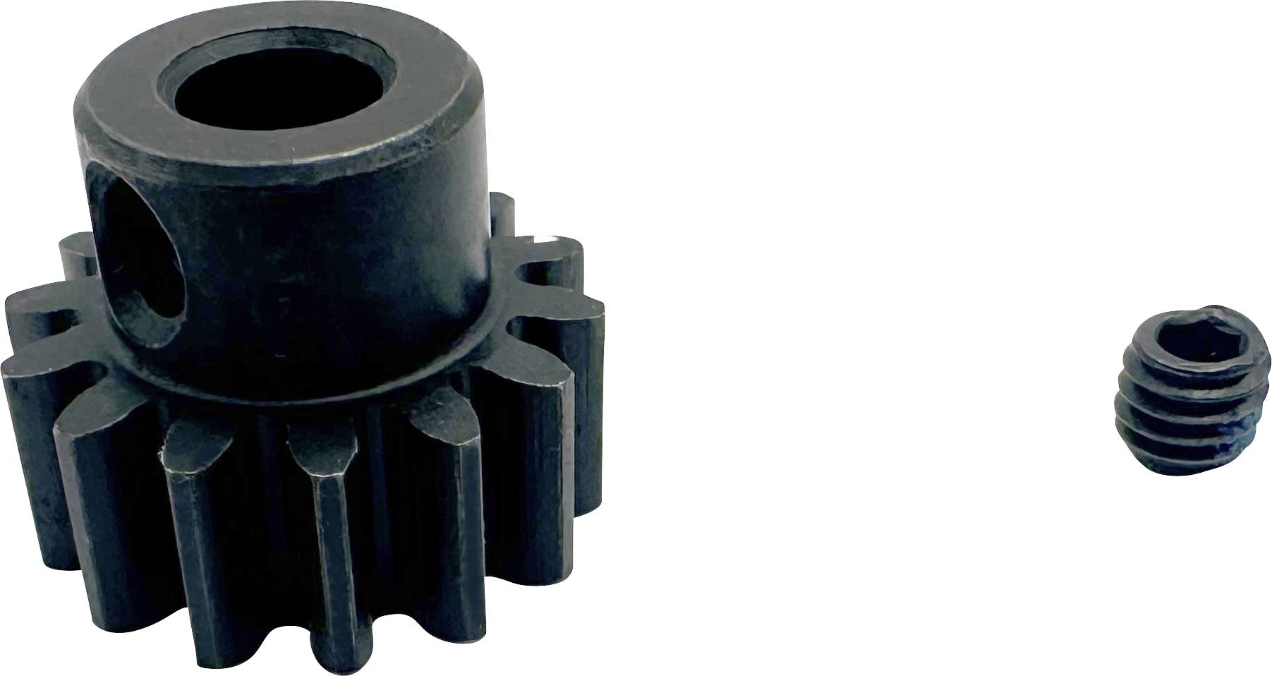 Ein schwarzes Metallgetriebe und eine kleinere Gewindekomponente werden vor einem weißen Hintergrund präsentiert.